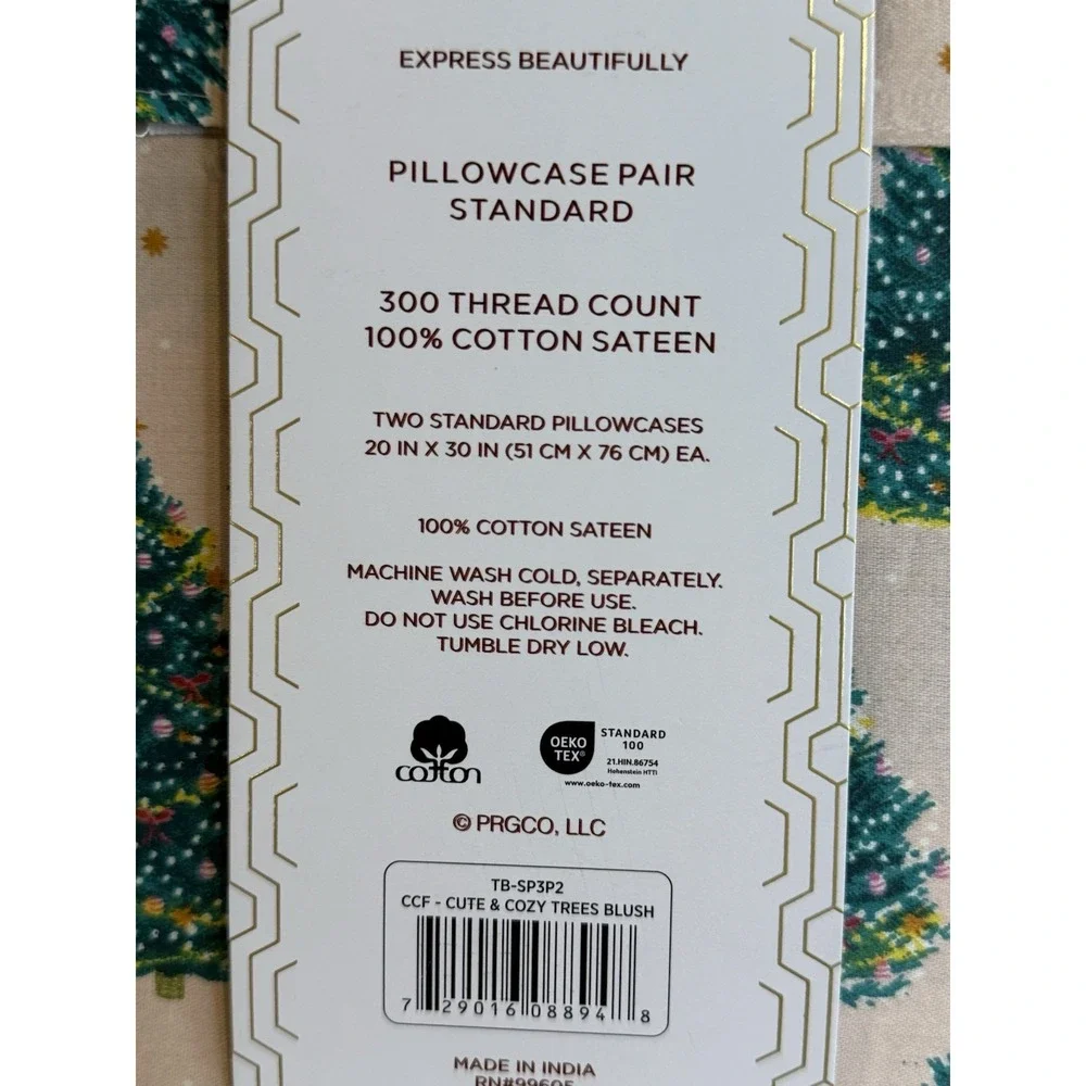 Papyrus 2 Pillowcase Pink Christmas Tree 100% Cotton 300 Thread Count Luxury New